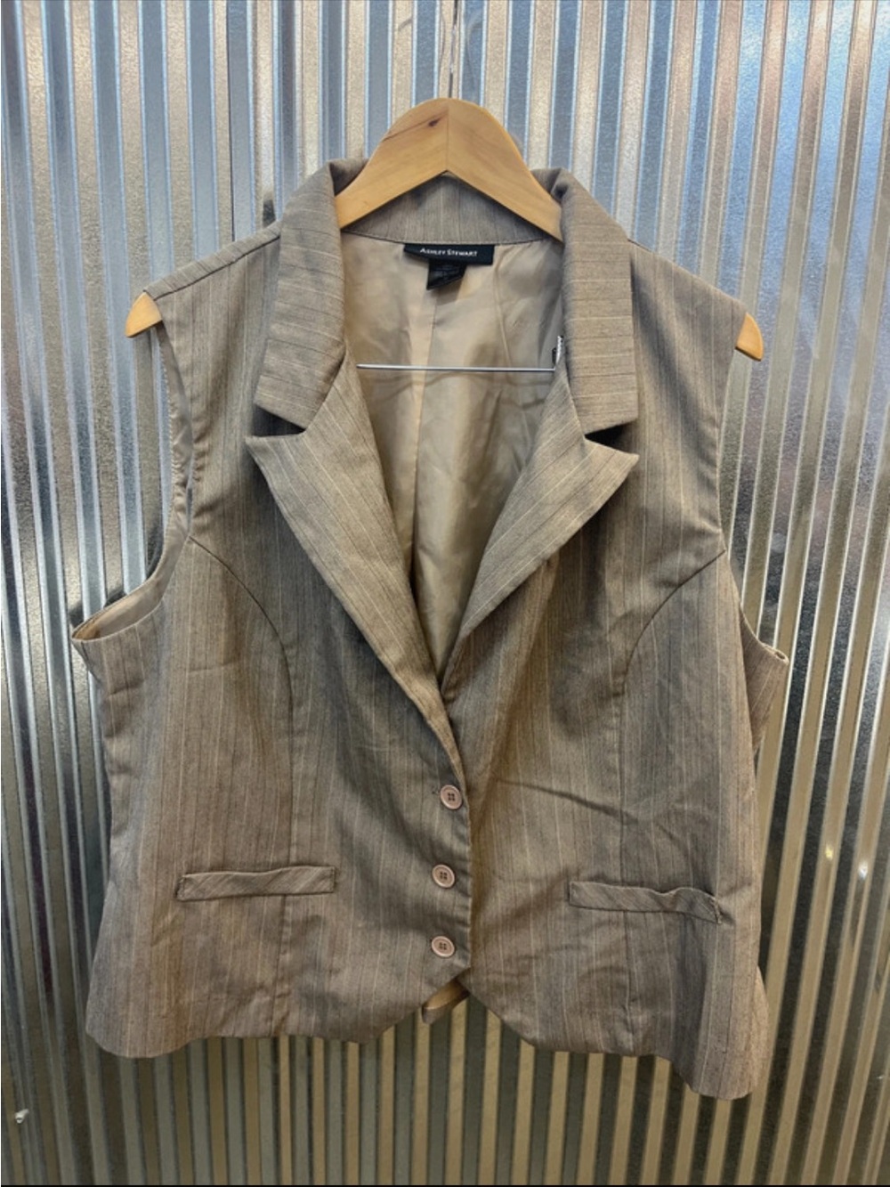 Ashley Stewart Taupe Pinstripe Sleeveless Blazer Vest